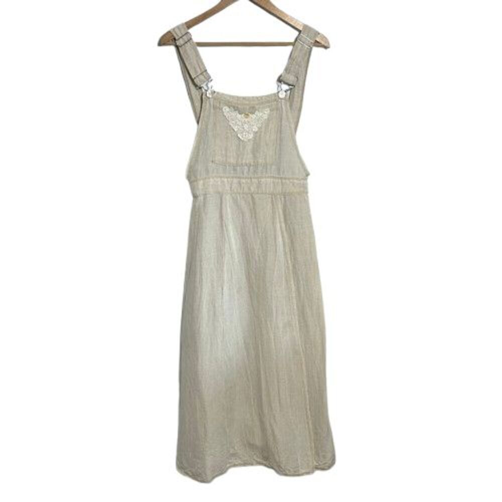 VTG Karen Alexander Pinafore Overall Maxi Dress 10 Linen Flax Blend Tan Mori Kei